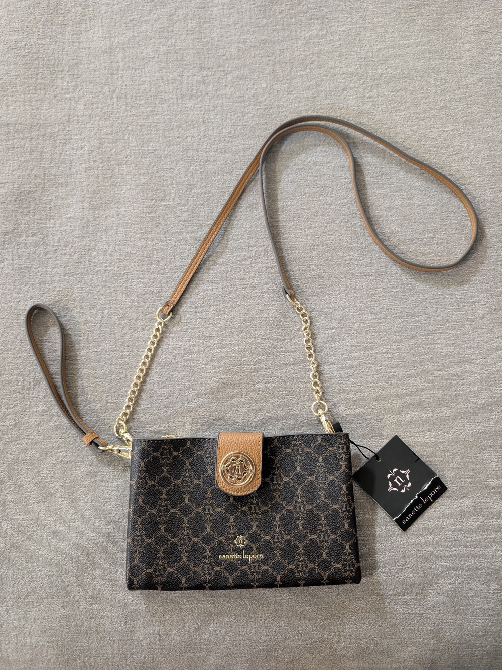 Nanette Lepore Brown & Tan Monogram Crossbody with Gold Chain NWT